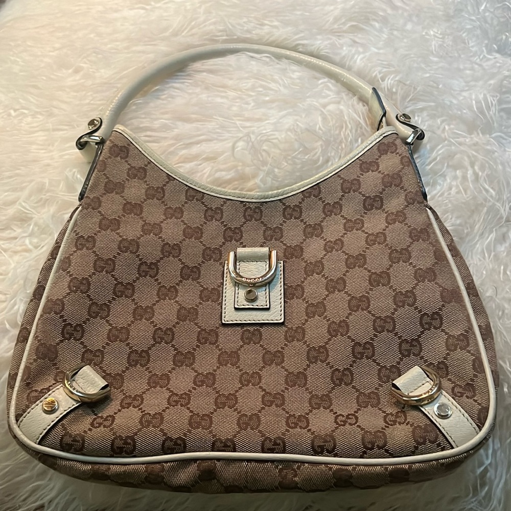 GUCCI GG canvas shoulder bag with cream leather trim